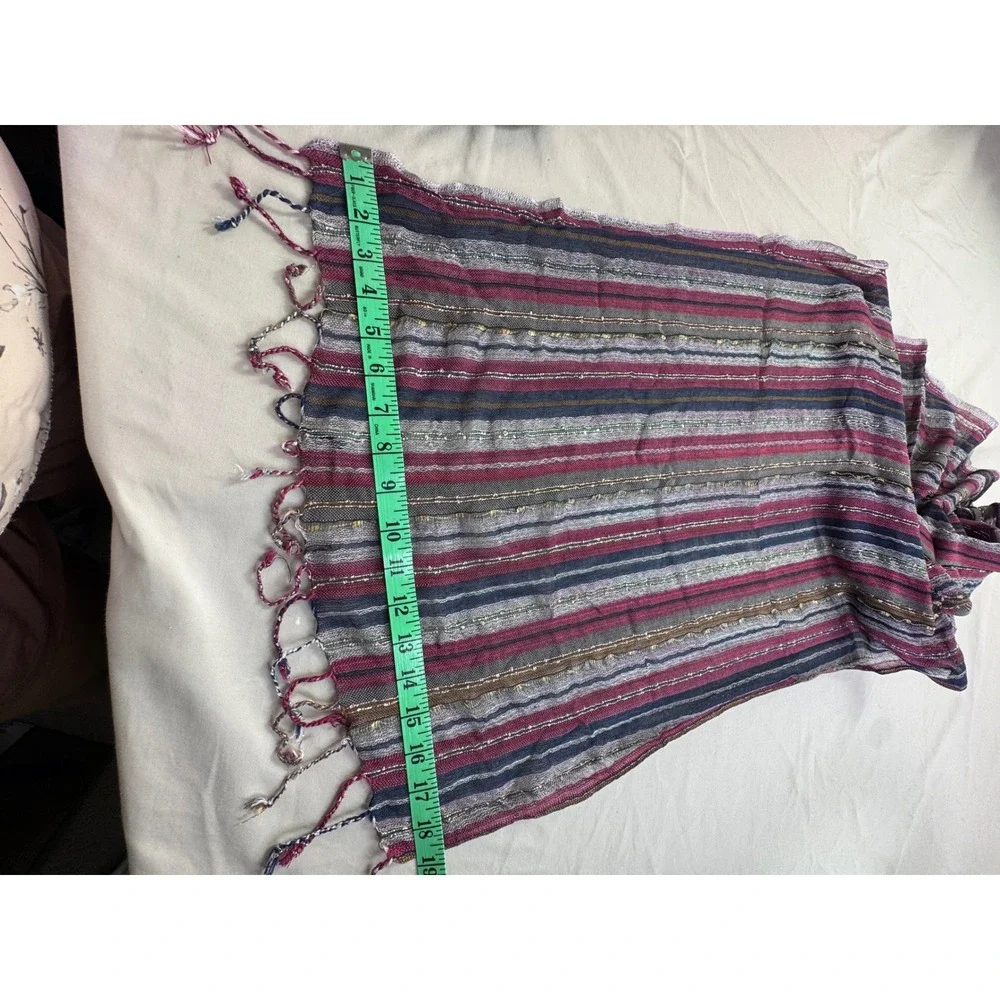 Boho Striped Metallic Shimmer Lightweight Fringe Scarf Magenta Navy Gold tribal